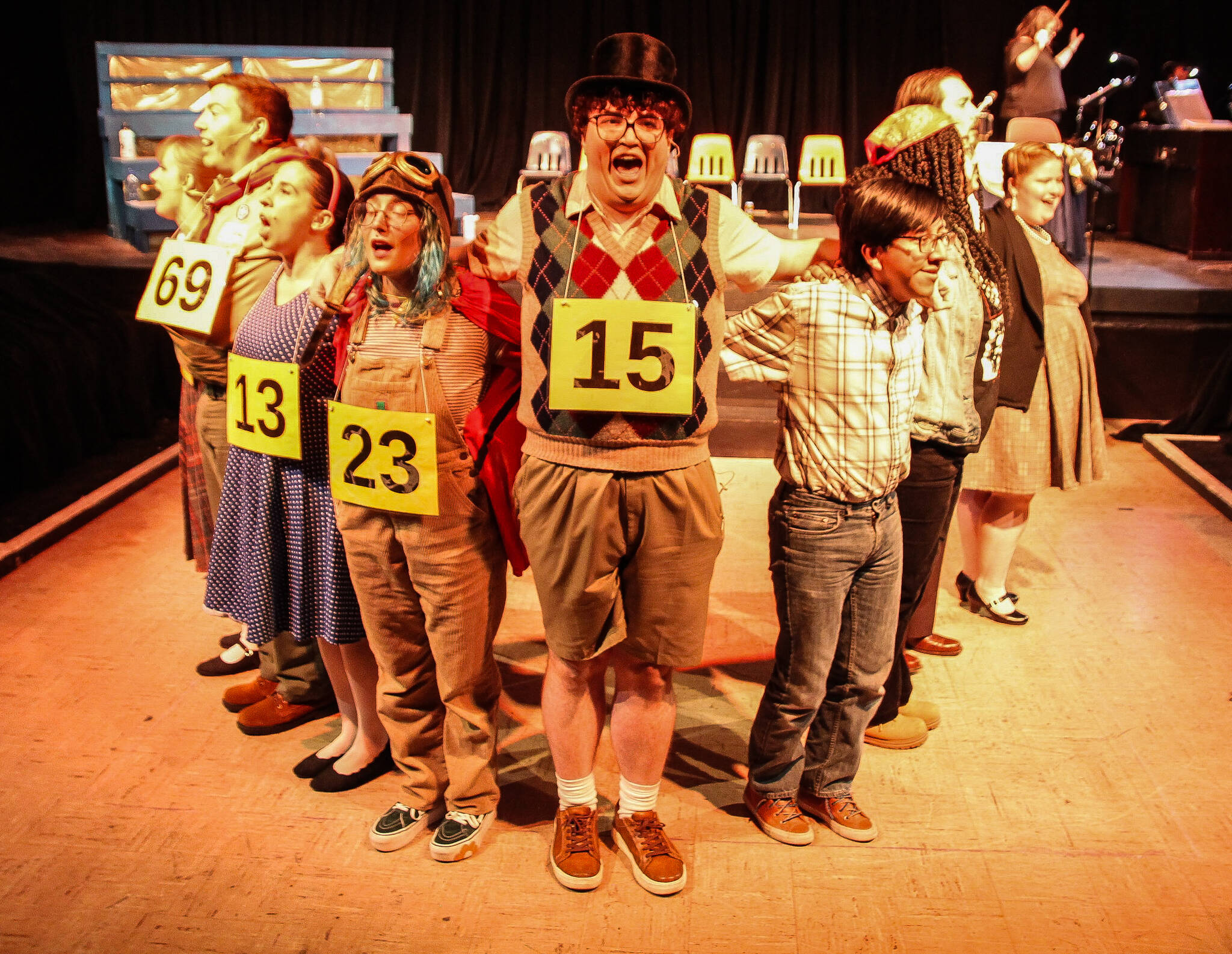 A scene from “Magic Foot,” where William Barfee (played by Andrew Pierzchala, in the middle) explains his unusual spelling method. (Photo by Luisa Loi)
