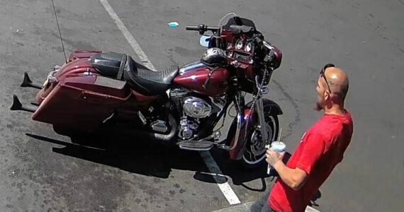 Surveillance footage of an Oak Harbor subject who was identified by police after he used a stolen credit card to put gas into his also-stolen motorcycle. (Photo courtesy of the Oak Harbor Police Department)