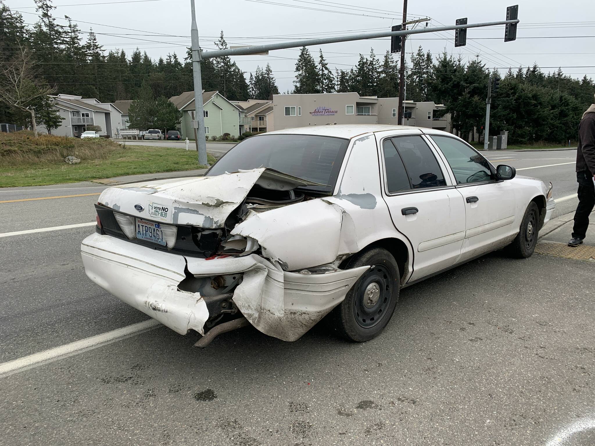 A car was damaged in a 2022 crash involving a police officer. (City of Oak Harbor image)