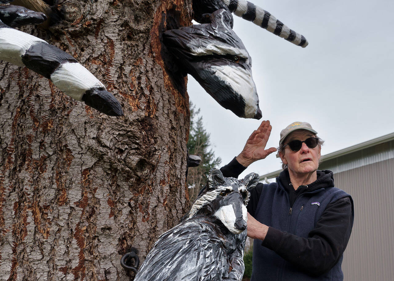 The latest sculpture by Pat McVay tells the story of a raccoon family. (Photo by David Welton)
