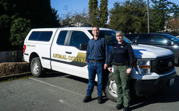 Island County's new animal control officers, Dylan Shipley (left) and Tammy Esparza (right) pose in front of the animal control pick-up. (Photo by Sam Fletcher)