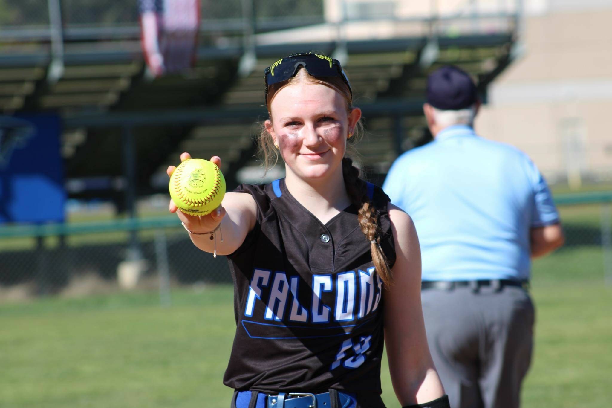 South Whidbey eighth grader Lena Heggenes shows off her homerun ball she hit during a game March 16 against Evergreen of Seattle. South Whidbey won 14-2. Photo courtesy Keasha Campbell.