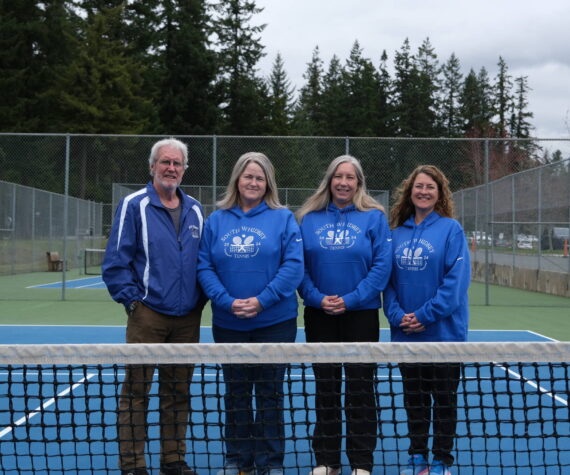 South Whidbey’s girls tennis coaches will retire at the end of the season. From left is volunteer Tom Kramer, who coached from 1978-2012, current coach Karyle Kramer and assistant coaches Bess Windecker-Nelson and Jenny Gochanour. Photo by Nathan Whalen.