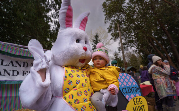 Photo by David Welton
A toddler is suspicious of the Easter Bunny during last year’s egg hunt in Clinton.
