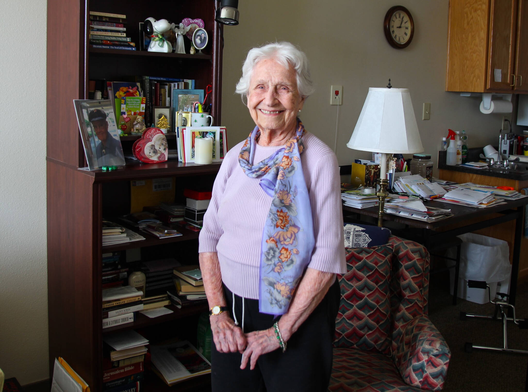 Joan Andrew smiles in her apartment at the Maple Ridge community in Freeland. (Photo by Luisa Loi)