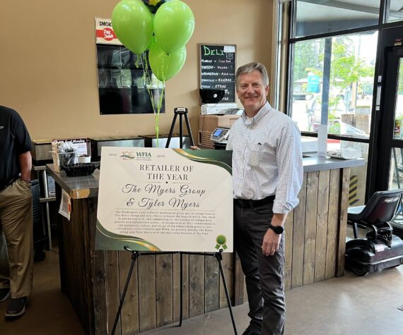 Photo provided by WFIA
Tyler Myers, president and CEO of the Myers Group, celebrates his selection as the WFIA 2023-24 Retailer of the Year. The award was presented at a surprise ceremony held May 13 at the Goose.