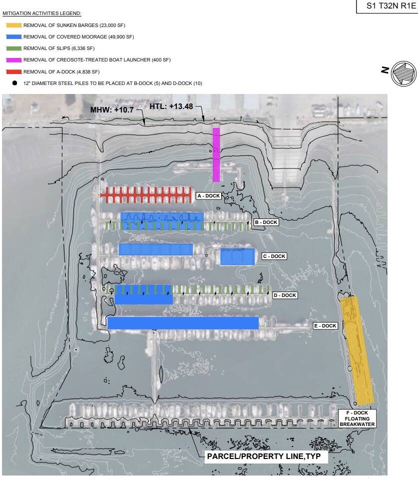 A map from the Army Corps of Engineers shows proposed mitigation work for dredging at the Oak Harbor Marina.
