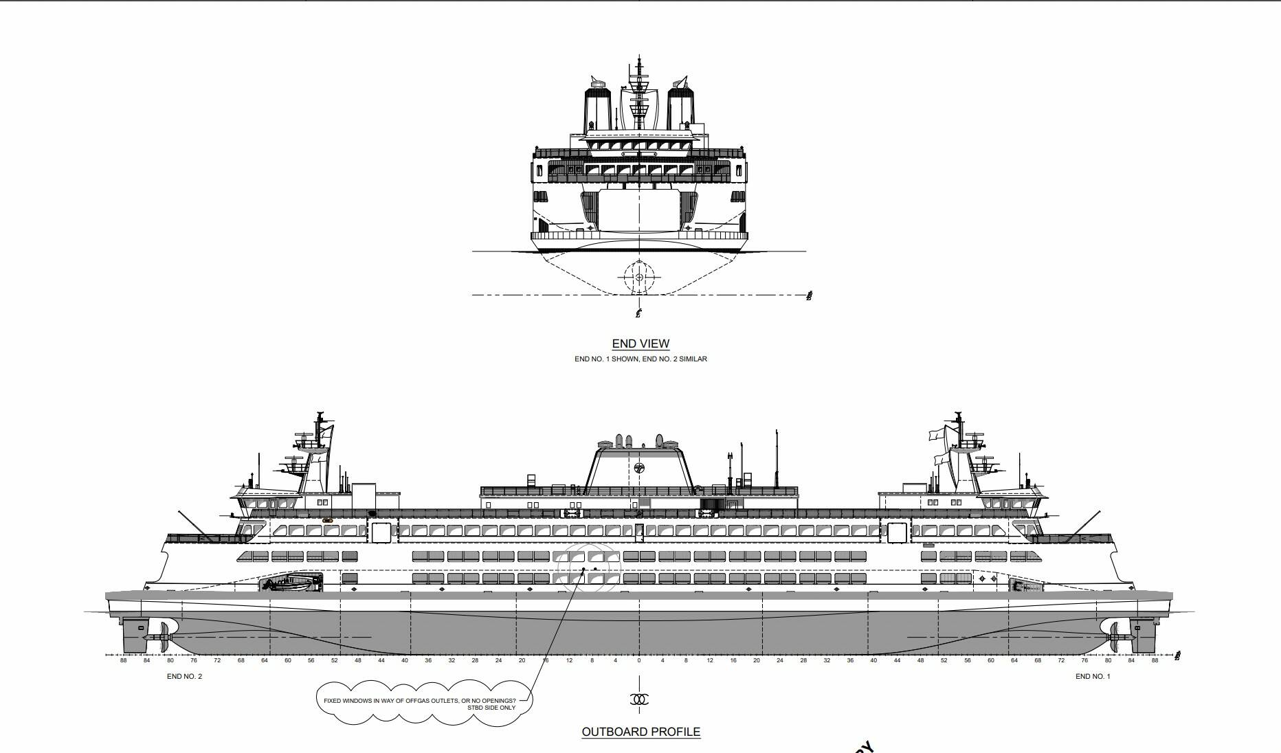 (Photo courtesy of Washington State Ferries) This rendering in the bid documents for the hybrid-electric ferries shows their design.