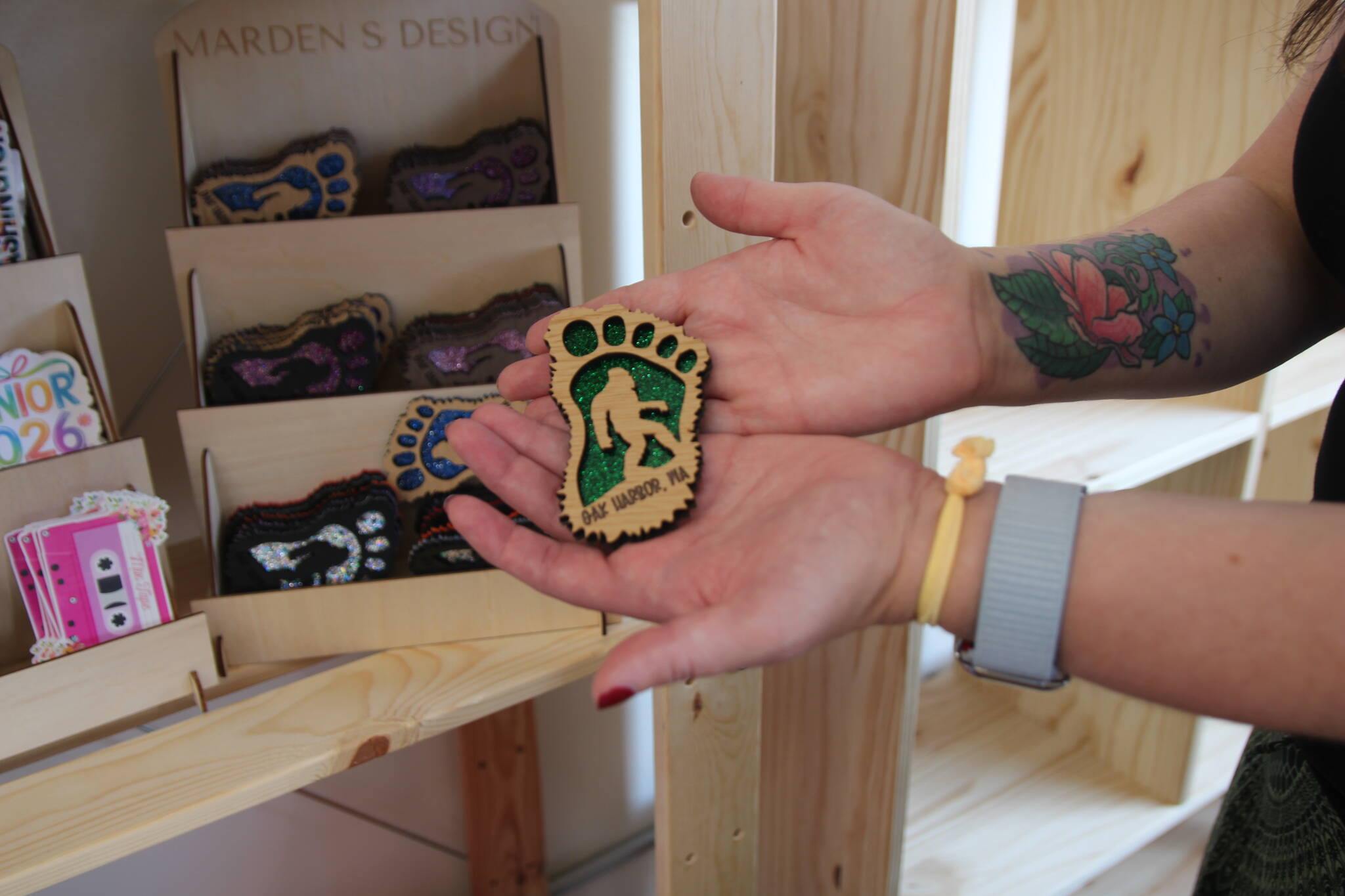 (Photo by Marina Blatt) Crafts are PNW themed, like this bedazzled Bigfoot souvenir.