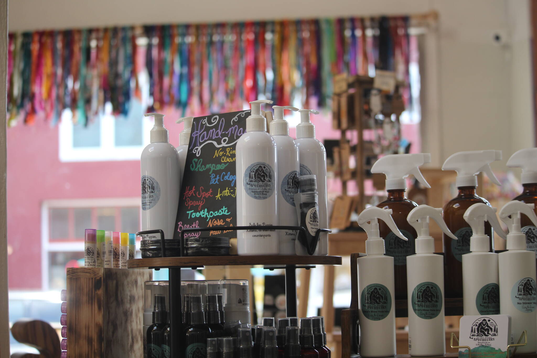 (Photo by Marina Blatt) Hair products from On the Rocks Apothocary are arranged aesthetically.