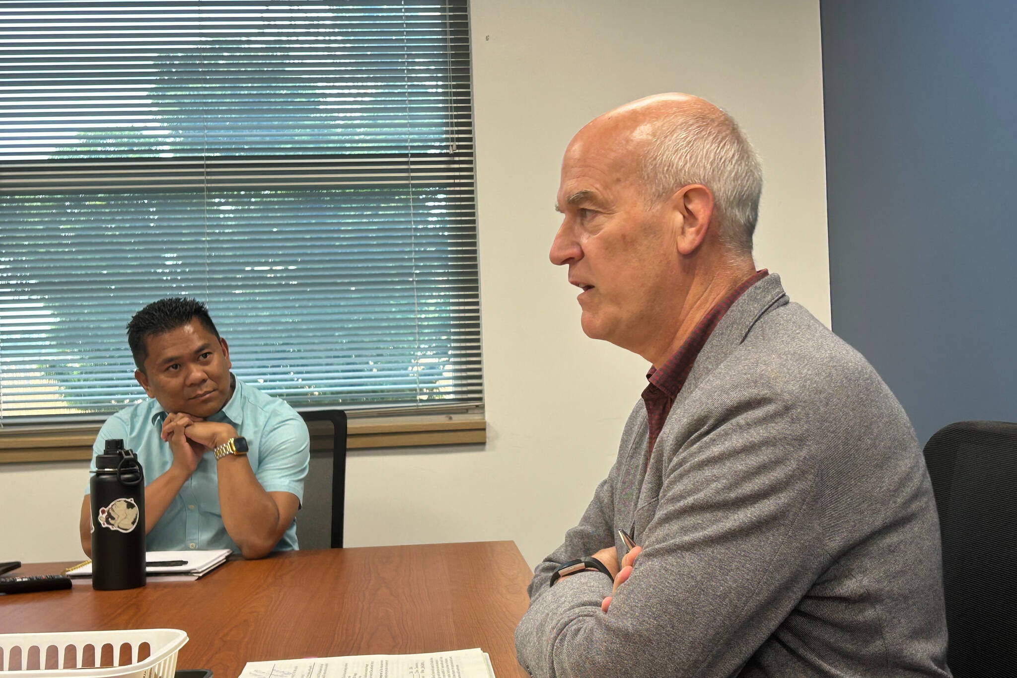 (Photo by Allyson Ballard) Larsen met with Clinton Jordan, vice president of clinical and reentry programs at Pioneer, during a conference call, who said the “concern level” about funding cuts is “high.”