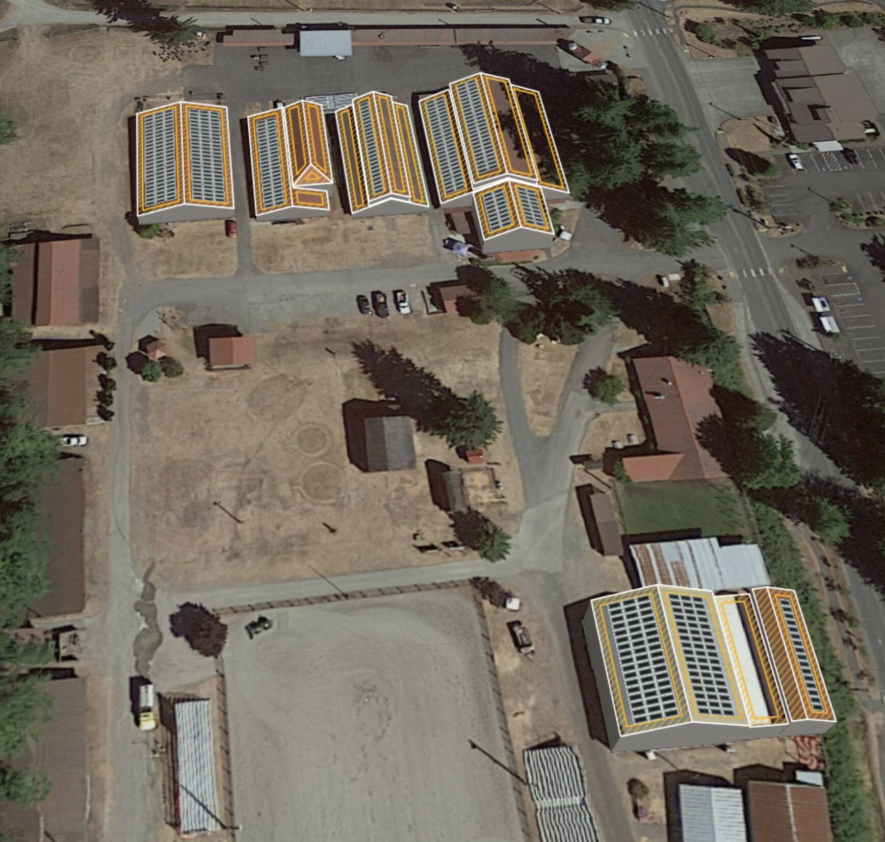 This aerial view of the Whidbey Island Fairgrounds shows where solar arrays could be placed on top of the buildings. (Photo provided)