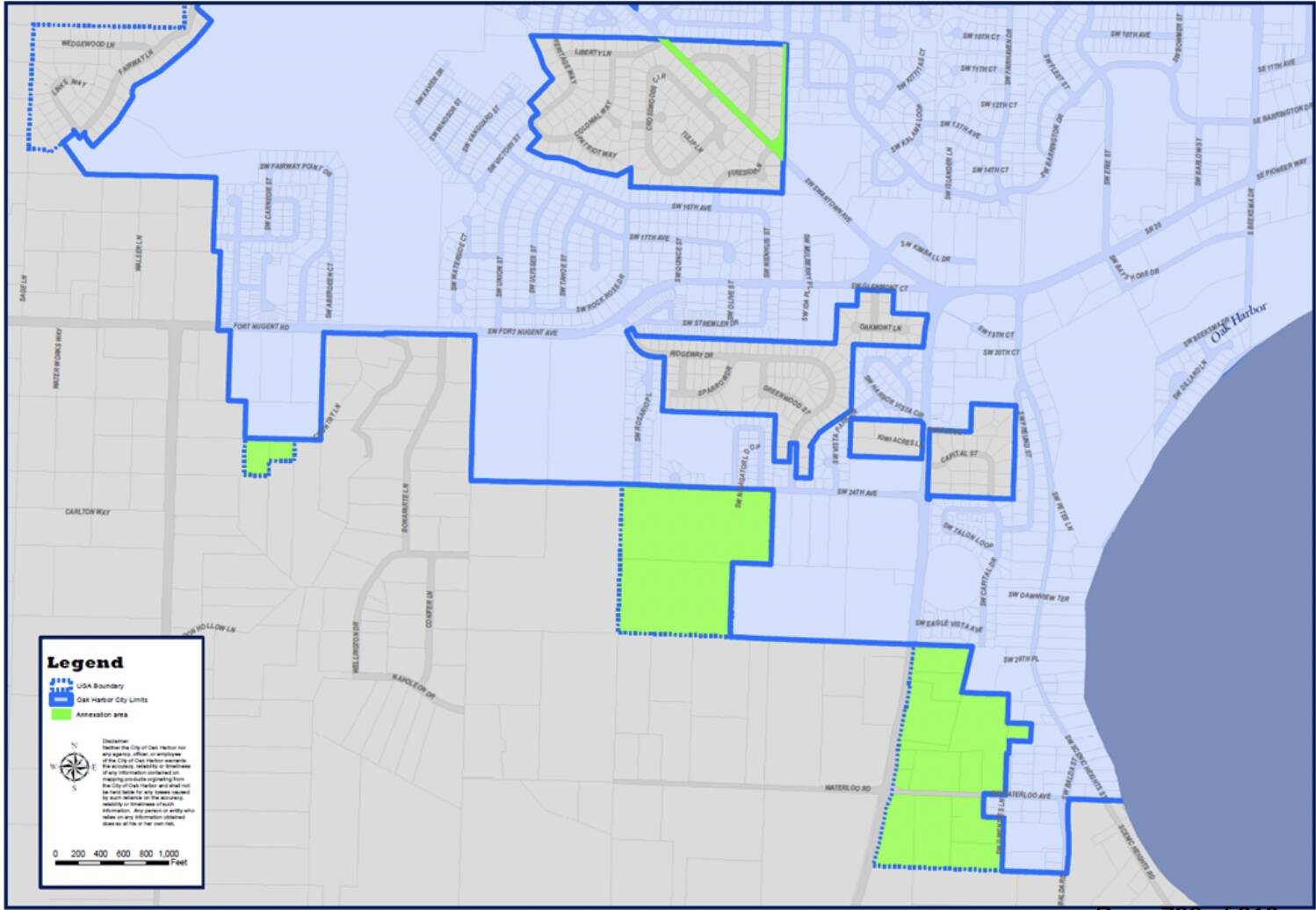 A graphic from the city of Oak Harbor shows areas in green that may be annexed into the city.
