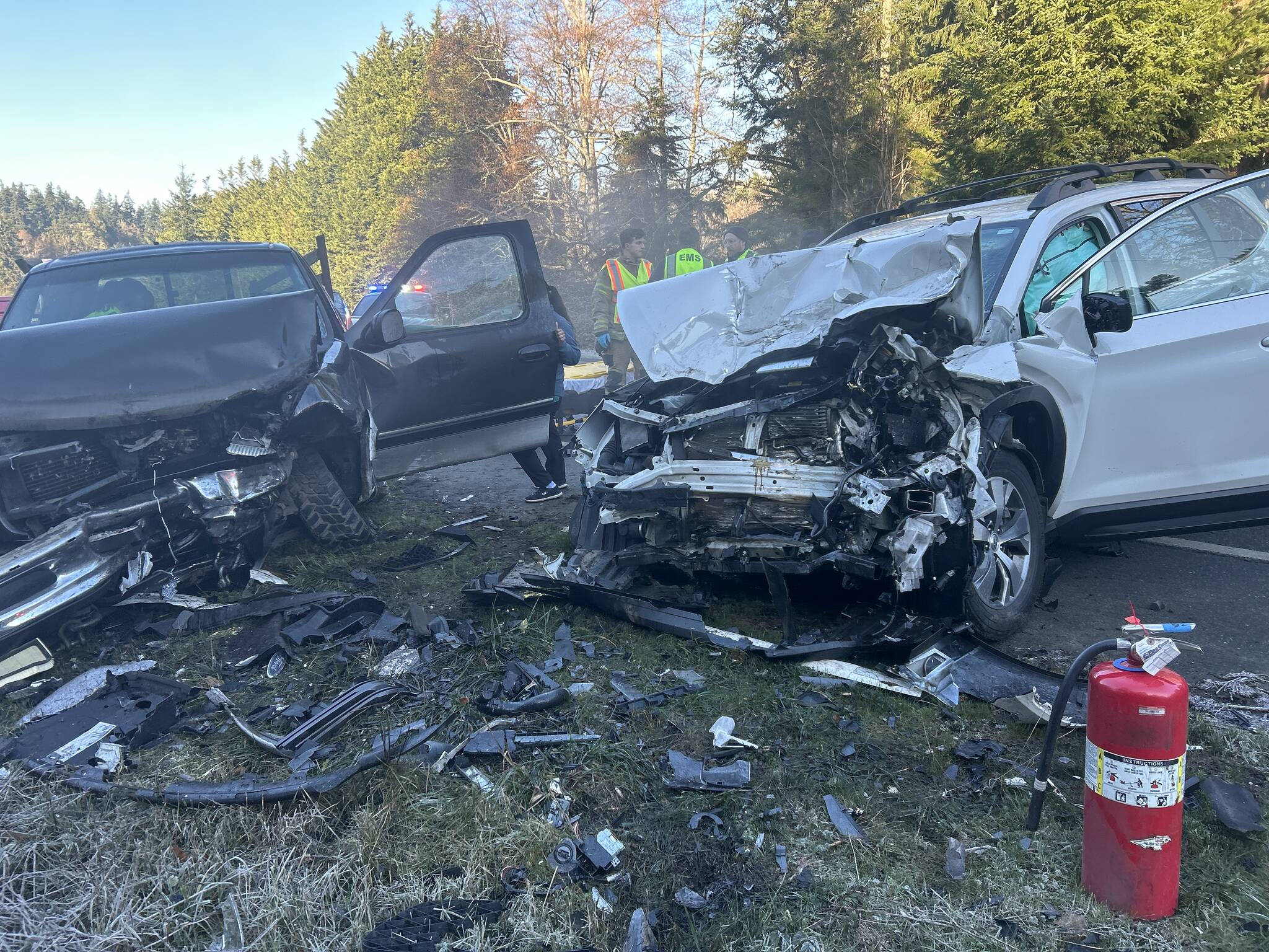 (Photo provided by Island County Sheriffs Office) The damage sustained by the Ford F-150 and the Subaru Ascent shows the seriousness of the crash on Friday.