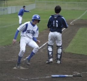 Falcon Mick Poynter makes it to home plate on a hit by Lucas Yale during South Whidbey’s 6-4 loss to Sultan in the first-of-three series with the Sultan Turks.