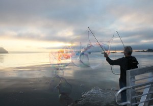Tom Lindsay creates bubble sculptures at South Whidbey Harbor at Langley. Lindsay uses an original system of bio-degradable soap