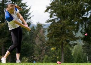 Jenna Kaik tees off during the second round of the 1A tri-district girls golf tournament. The South Whidbey senior shot a 90 to qualify for the state 1A championship.