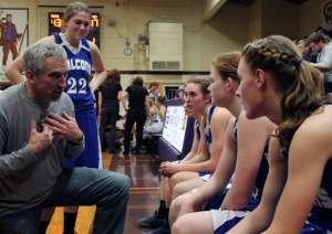 Falcon head coach Andy Davis rallies his team during a timeout against Nooksack Valley. South Whidbey was overmatched in a 58-31 loss Monday.