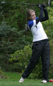 Chelsey Schultz tracks her shot off the third tee at Useless Bay Golf and Country Club on March 19. The Falcon senior golfer finished with 22 points in the Cascade Conference match with Lakewood.
