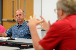 Curt Gordon listens to Ron Nelson talk about a proposal to study details of Freeland incorporation.