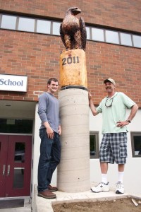 The falcon guards the entrance to South Whidbey. Tyler 'Chuck' Norris and his dad John Norris coordinated the creation and installation of the falcon statue.