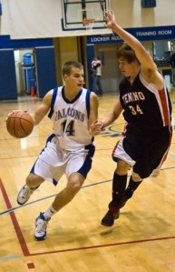Scott Stallman dribbles the ball against a Tenino defender last month. Stallman and teammate Riley Newman have accounted for the lion’s share of  scoring for the South Whidbey basketball team this season.
