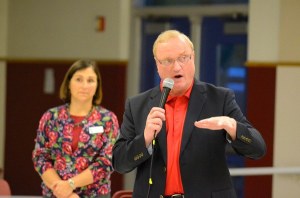 Island County Sheriff Mark Brown responds to questions during a meeting at South Whidbey High School Tuesday on drug use and property crime. Island County Commissioner Helen Price Johnson