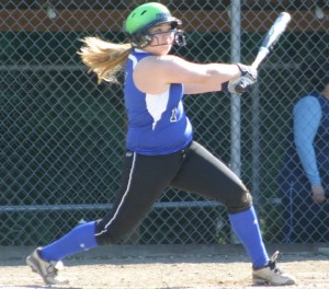 Falcon senior Alex Kubeska drives a two-out single to the right-center field gap against Sultan on April 22.