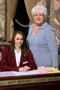 South Whidbey High School sophomore Leah Cook poses with state Sen. Mary Margaret Haugen during Cook’s tenure as a Senate page.