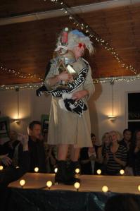 Don Denman is applauded by fans after winning his trophy and crown as Mr. South Whidbey 2011 at Freeland Hall.
