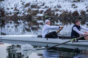 Gonzaga University junior rower Kale Reichersamer (left) during a winter practice.