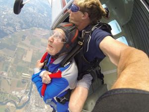 Trudy Martin prepares to fall from a plane at 13