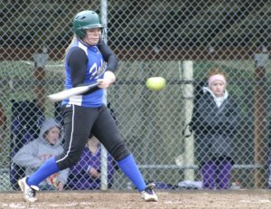 Alex Kubeska slams a single into left field on Saturday. The junior was three for four at the plate and threw seven strikeouts.