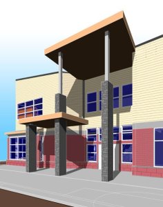 An architect’s rendering of a retail-office building planned for the Harbor Avenue site of the former Freeland Lanes.