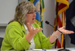 Island County Human Services Director Jackie Henderson responds to the commissioners Monday concerning an ongoing discussion about the county’s drug and alcohol treatment provider. The board voted to seek proposals for replacement in the private sector.