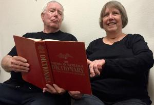 Stellar Speller members Bob (left) and Pat (right) Brunjes touch up on their grammar skills before the first ever Spellathon in Clinton. The adult spelling bee is a fundraiser for Clinton Library programs.