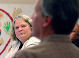 South Whidbey School Board Member Jill Engstrom listens to Bayview School Director David Pfeiffer during an update of the school’s improvement plans.