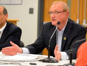 Island County Sheriff Mark Brown addresses the county commissioners about the Law and Justice Council’s recent resolution to pursue a $2.6 million levy. The commissioners approved a series of community meetings to get public feedback on the proposal.