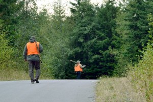 Two deer hunters walk down the paved road left from a previous developer at the Trillium Community Forest near Freeland. Deer hunting is allowed about 42 days  during hunting season