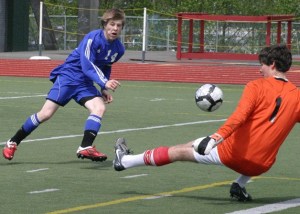 Pat Myatt watches his one-on-one shot on goal be cleared by Bellingham goalie Auden Schilder. Schilder had six saves