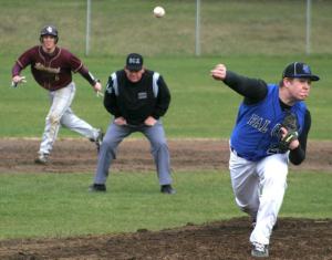Falcon senior pitcher Cameron Wildes throws against the Lakewood Cougars on Monday. He gave up four runs to only one strikeout in seven innings. Behind