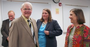 Aubrey Vaughan chats with fellow Island County Commissioners Jill Johnson and Helen Price Johnson after being approved as the interim commissioner for District 3. He fills the post previously held by Kelly Emerson