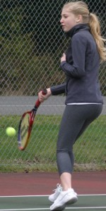 Katrina Layton returns a serve against Lakewood on March 12. She played a junior varsity match against Friday Harbor on April 15.