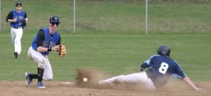The throw by Falcon catcher Aaron Curfman is late to shortstop Taylor Todd