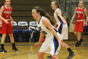 South Whidbey junior Bailey Forsyth and sophomore Kolby Heggenes prepare to defend a King’s offensive attack.