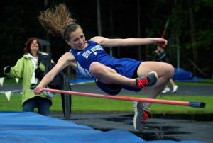 Falcon freshman Samantha Baldwin misses clearing the high jump bar during the track and field meet at South Whidbey High School on Thursday.