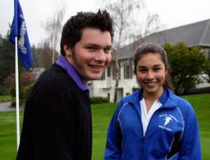 Above: Jesse and Rosie Portillo pause during practice. They helped the Falcon golf teams at the District 1 golf  tournaments this year. Below: the Portillo siblings practice chipping at Useless Bay Golf & Country Club.