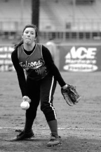 Falcon thrower Katy Piehler launches a very fast softball during South Whidbey’s 7-0 win over Coupeville Wednesday.