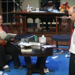 The highly unpopular President Charles Smith ponders his chances in the upcoming election as his speechwriter Clarence Bernstein pitches ideas for a speech. Bernstein is played by Morgan Bondelid and Smith is played by David Mayer. Both are from South Whidbey.