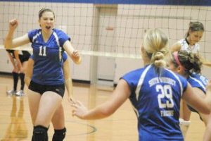 Falcon Cayla Calderwood celebrates another defensive move over Shoreline during Saturday’s South Whidbey Invite. The 27th annual event brought together 16 teams from all over the Northwest.